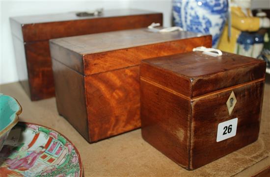 Geo mahogany 3-division tea caddy, walnut 2-division tea caddy & a single caddy (faults)